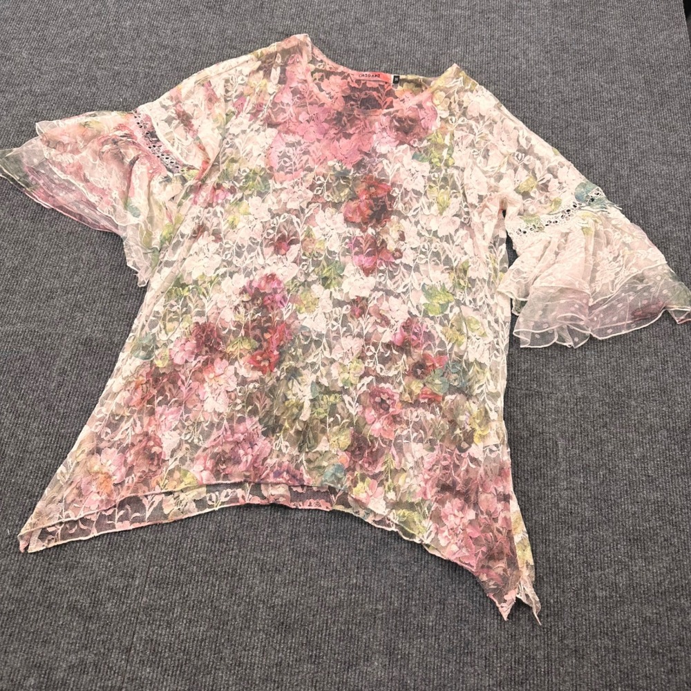 Y2K Whimsigoth Lace Peasant Tunic Top M Floral Sheer Bell Sleeve Pink Casual
